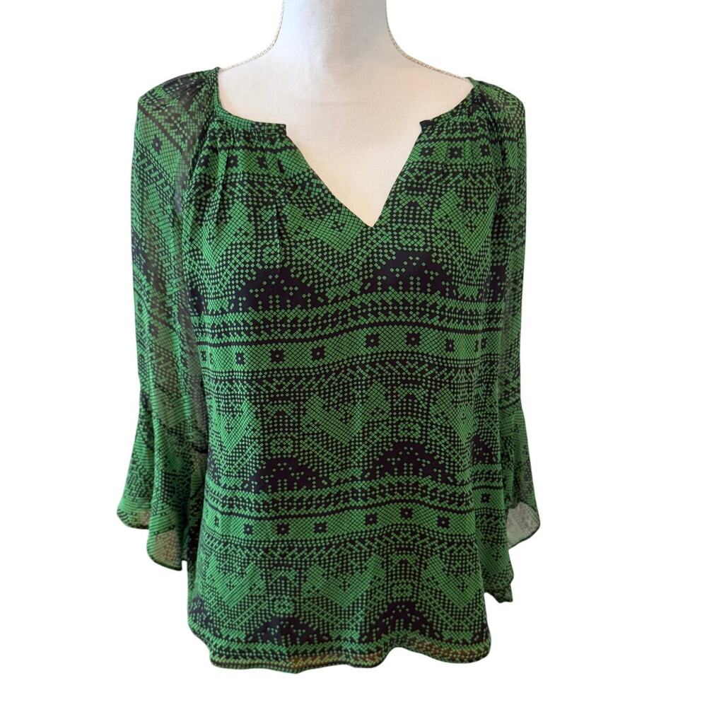 Alice & Trixie Silk Geometric Print Silk Top Green Black S